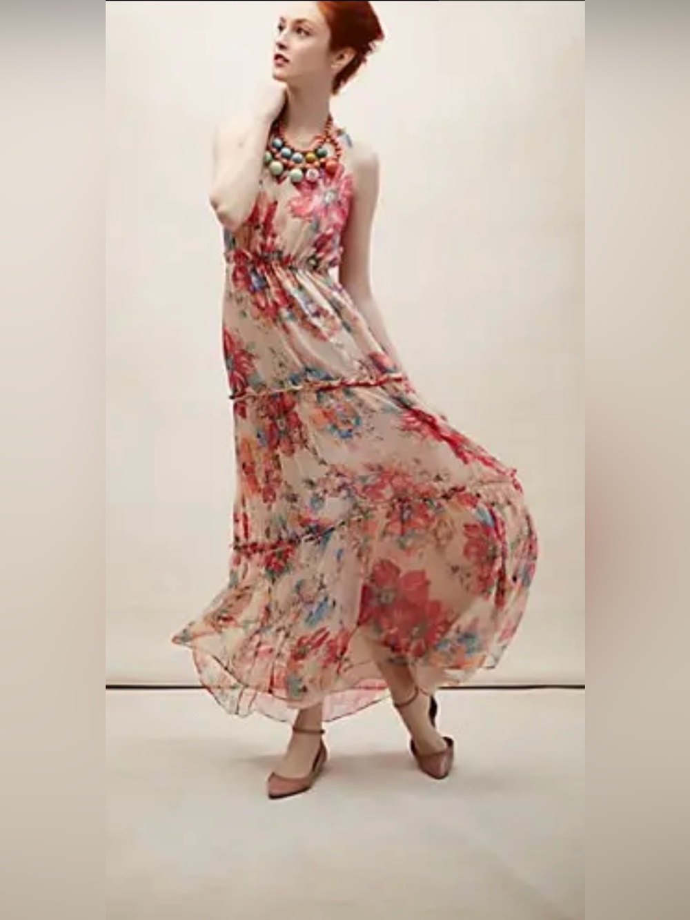 Anthropologie GREYLIN Womens Catalina Pink Ruffled Silk Maxi Dress Size Small